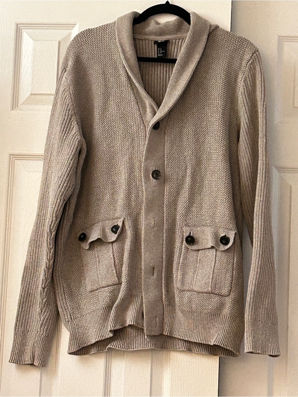 H&M Men's Size XL Chunky Knit Shawl Collar Cardigan Sweater Beige Oatmeal Heavy